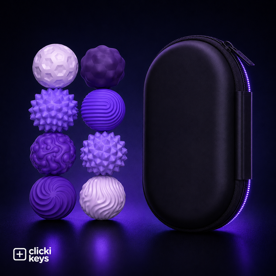 The balls next to a keyboard on a desk